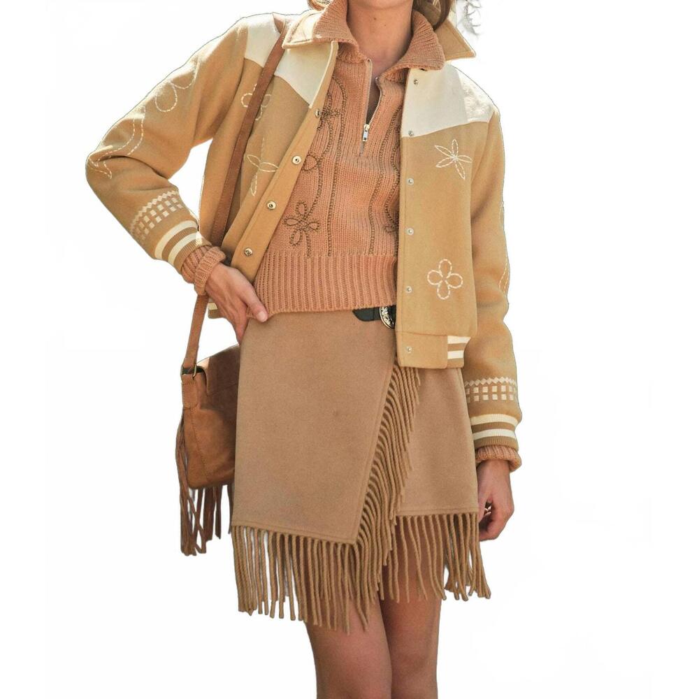 NEW BLUE B embroidered contrast bomber jacket in taupe